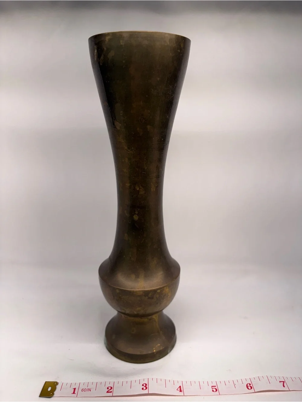 Vintage Solid Brass Trumpet Bud Vase Pedestal Footed Heavy Aged Patina 7
